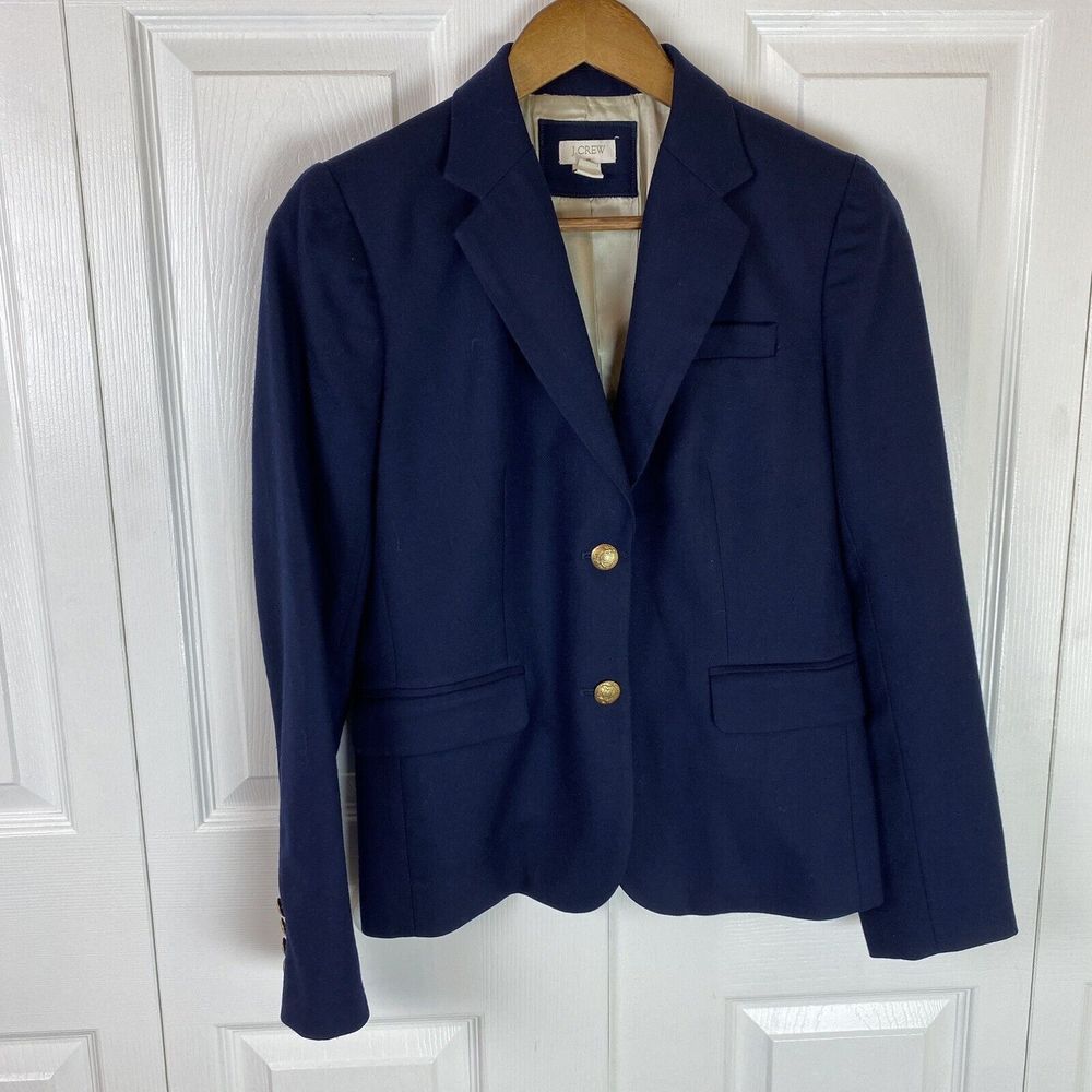 J.Crew 4 Navy Blue Wool blend Blazer Gold Button Jacket Single Breasted Career
